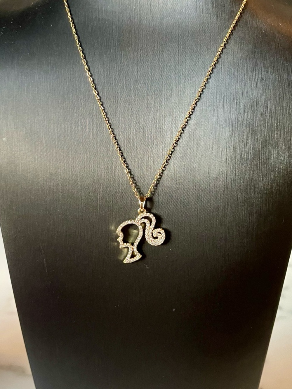 Gold-Tone Rhinestone Barbie Profile Pendant Necklace - Picture 2 of 8